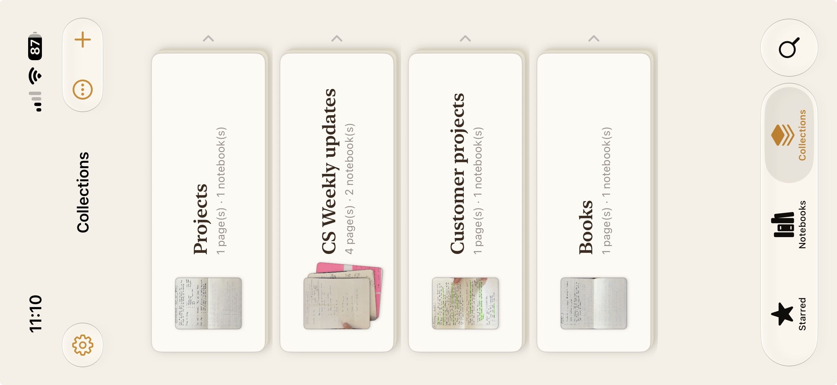 Plume collections view grouping pages into projects, customer work, and books.